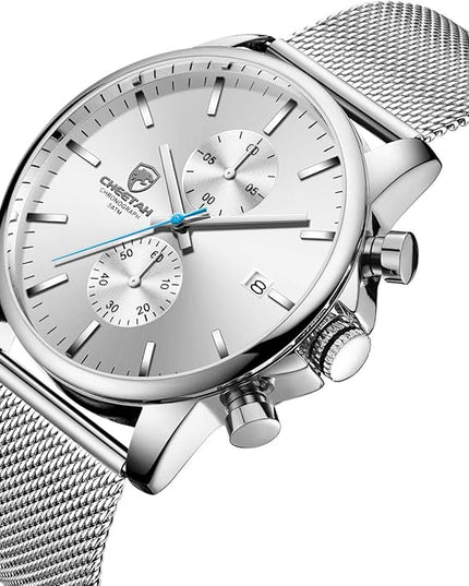GOLDEN HOUR Mens Watch Fashion Sleek Minimalist Quartz Analog Mesh Stainless Steel Waterproof Chronograph Watches for Men with Auto Date