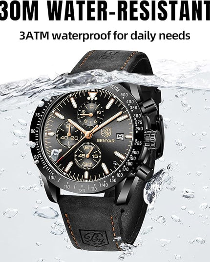 BY BENYAR Watch for Men Analog Quartz Chronograph Waterproof Luminous Designer Mens Wrist Watches Business Work Sport Casual Dress Watch with Silicone Strap Elegant Gifts for Men