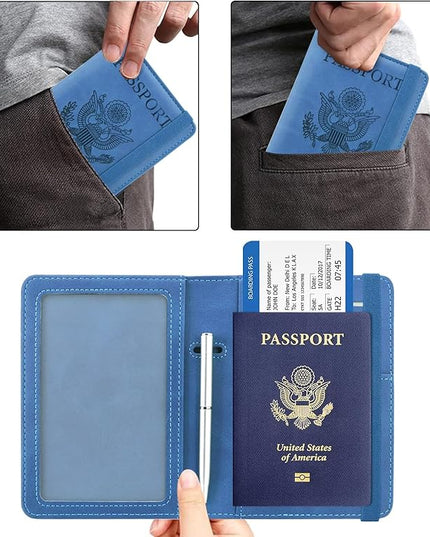 ACdream Passport and Vaccine Card Holder Combo, Cover Case with CDC Vaccination Card Slot, Leather Travel Documents Organizer Protector, with RFID Blocking, for Women and Men, C - Light Blue,