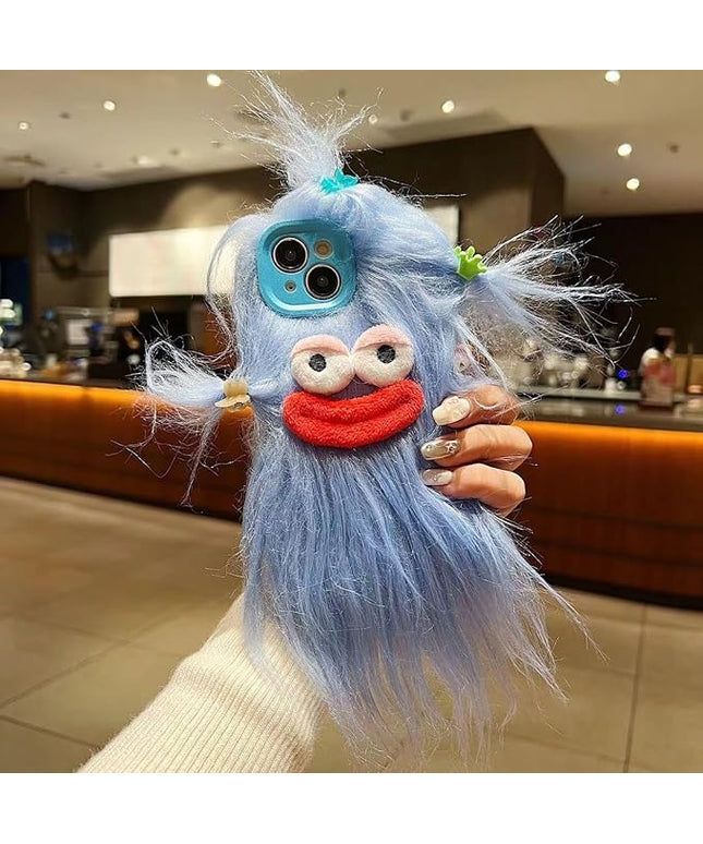 Compatible with iPhone 13 Pro Case Blue Phone Cases Funny and Silly, Weird Furry, DIY Long Hair with Hairclip, Ugly Phone Case, Swap Challenge Gifts with Friends