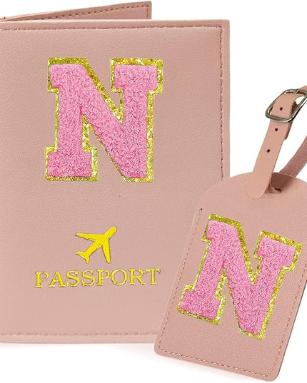 COSHAYSOO Initial Passport Cover Luggage Tag Set Letter Passport Holder Airplane Cruise Travel Essentials Vacation Traveling Accessories Personalized Gifts for Women Teen College Girls Pink N