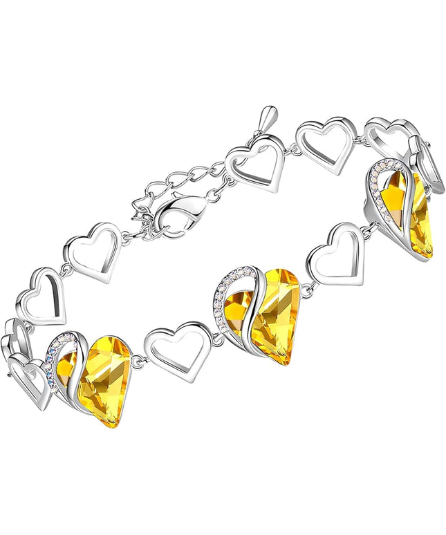 Leafael Infinity Love Heart Link Bracelets, Birthstone or Healing Stone Crystal Bracelet for Women, Silver Tone Jewelry Gifts for Her, 7-inch Chain and 2-inch Extender
