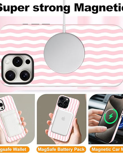 Magnetic for iPhone 15 Case Cute Wavy Stripes Phone Case, Shockproof Slim TPU and Hard PC Protective Phone Cover Compatible with MagSafe Designed for Women Girls, Pink