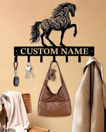 Personalized Custom Name Farm Horse Wall Key Hooks,Metal Horse Art Clothes Hooks,Metal Horse Wall Home Storage Decorative,For Front Door, Hallway, Kitchen, Bedroom,Keys,Hats (Style F)
