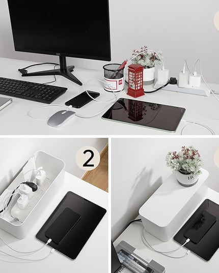 YECAYE 2 Pack Cable Management Box, Pet Friendly Cord Organizer Box for Home & Office, Child-Proof Cable and Power Strip Protector Box, Wire Hider and Cord Organizer for Desk, White