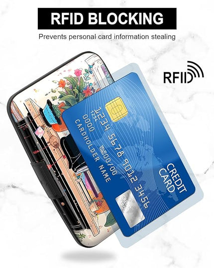 Atufsuat Credit Card Holder, Mini Aluminum Card Wallet RFID Blocking Slim Metal Hard Card Case for Women Men, Cat on Closet