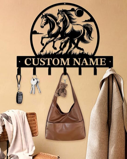 Personalized Custom Name Farm Horse Wall Key Hooks,Metal Horse Art Clothes Hooks,Metal Horse Wall Home Storage Decorative,For Front Door, Hallway, Kitchen, Bedroom,Keys,Hats (Style M)