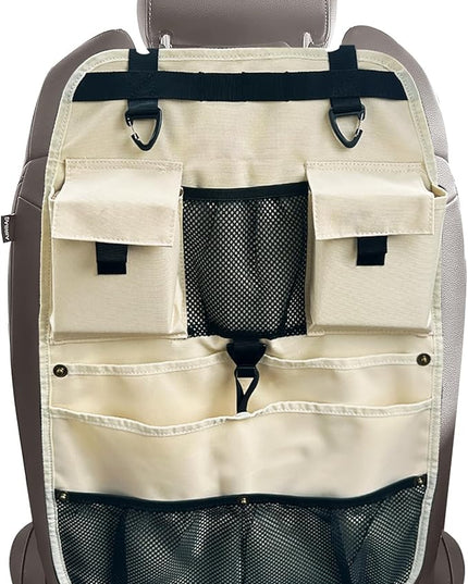 Car Seat Back Organizer with Multiple Storage Pockets, Black Mesh and Fabric, Universal Fit (beige)