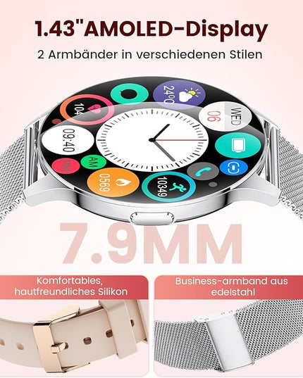 LIGE Smart Watch for Women, 1.43" AMOLED Screen Smartwatch with Answer/Make Call for iPhone/Android/Samsung,Fitness Tracker with 120+ Sport Modes, Sleep/Health Monitor, IP68 Waterproof,2 Bands,Silver