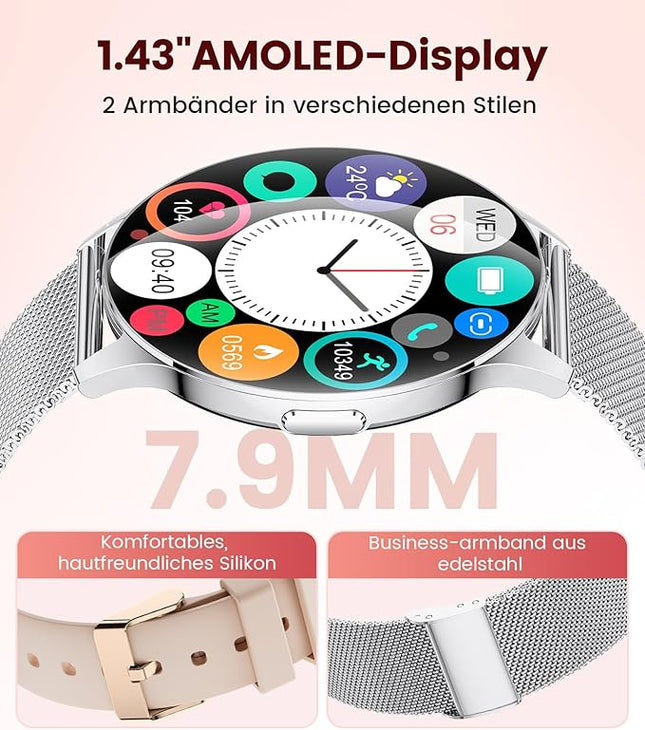 LIGE Smart Watch for Women, 1.43" AMOLED Screen Smartwatch with Answer/Make Call for iPhone/Android/Samsung,Fitness Tracker with 120+ Sport Modes, Sleep/Health Monitor, IP68 Waterproof,2 Bands,Silver