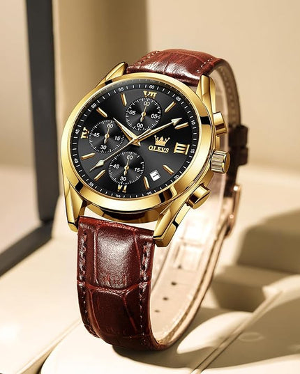 OLEVS Men's Chronograph Leather Watch, Big Face Easy to Read Analog Quartz Dress Watch, Casual Waterproof Luminous Hands Date Watches for Men, White/Blue/Black/Gold Dial