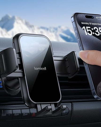 Lamicall 2026 Wider Clamp & Metal Hook Car Phone Holder Vent [Thick Cases Friendly] Phone Holders for Your Car Mount Automobile Hands Free Cradle Air Vent for iPhone 17 16 15 Pro Max Lucite Black