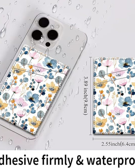Phone Card Holder, Dual Pocket Leather Wallet Adhesive Stick On, Cute Credit Card Holder for Smartphones Case Compatible with Most Phone（Stamens）