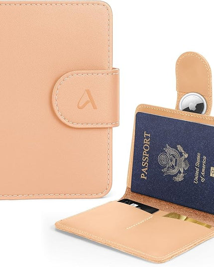 ALLIVE Genuine Leather Passport Holder, Rfid Passport Holder for Travel with AirTag Hidden, Passport Cover Wallet Travel Must Haves Airport Essentials, Passport Cover Travel Gifts (Beige)
