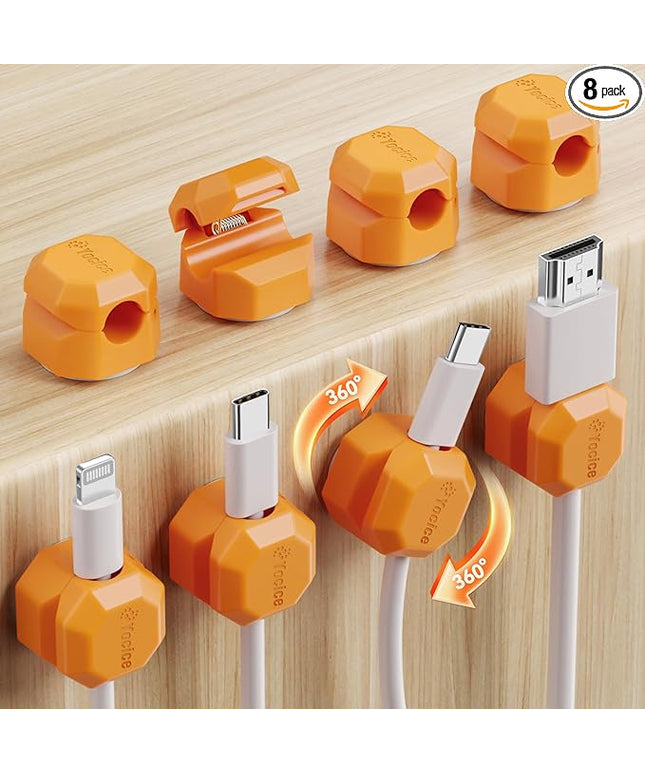 8 Pack Spring Cable Clips,Rotatable Cord Organizer Desk Cable Management Cord Holder Adhesive Phone Charger Cord Clips for Home Office Car Wall Nightstand Accessories, Orange