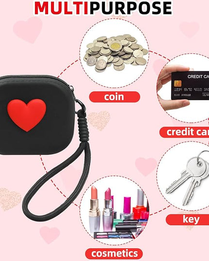 Small Silicone Coin Purse Heart Pattern Mini Silicone Coin Pouch with Hand Strap Change Pouch Mini Zipper Wallet for Women Girls (Black)