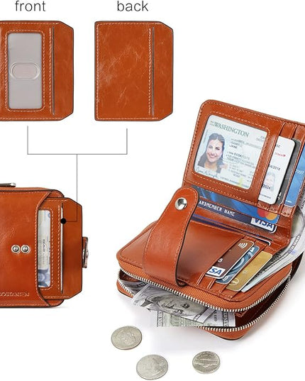 BOSTANTEN Leather Wallets for Women RFID Blocking Zipper Pocket Small Bifold Wallet Card Case Brown
