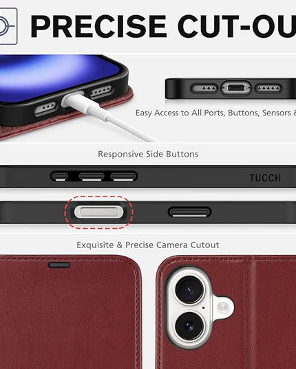 TUCCH Case Wallet for iPhone 16, [RFID Blocking] PU Leather Stand Folio Cover with 4 Card Slots [TPU Protective Interior Shell], Magnetic Flip Case Compatible with iPhone 16 5G 2024, Dark Red