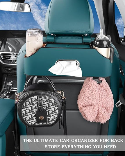 HOLDCY Car Back Seat Organizer with 2 Drink Cup Holder - Tissue Box and Storage Box Hook - Multi-functional Storage - Great for Kids and Travel (Blue)