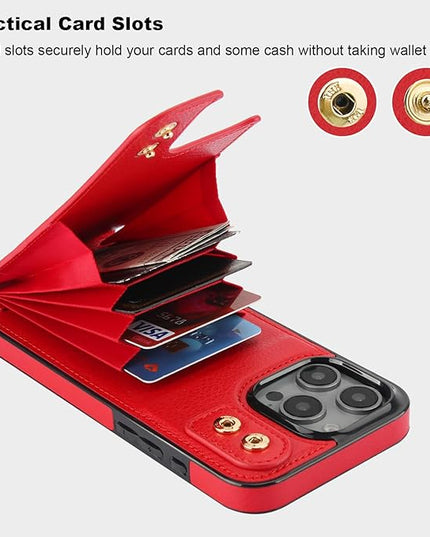 Folosu Compatible with iPhone 16 Pro Max Case Wallet with Card Holder, 360°Rotation Finger Ring Holder Kickstand, RFID Blocking Leather Protective Double Buttons Shockproof Cover 6.9 Inch Red