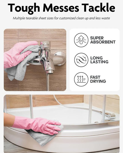 Fantasticlean Microfiber Cleaning Cloth Roll -60 Pack, Tear Away Microfiber Towels, 12" x 12", Reusable, Washable, Lint Free, Ultra Absorbent Dishcloth for All-Around Cleaning (Pink & Grey)