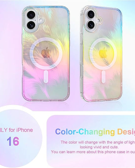 Glitter Case for iPhone 16 Case for Women Girls [ Compatible with Magsafe ] Clear Cute Aesthetic Girly Iridescent Feather Sparkly Bling Magnetic Phone Cover, Gradient Blue & Pink