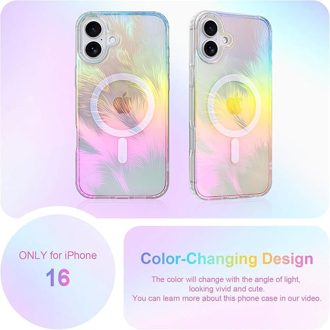 Glitter Case for iPhone 16 Case for Women Girls [ Compatible with Magsafe ] Clear Cute Aesthetic Girly Iridescent Feather Sparkly Bling Magnetic Phone Cover, Gradient Blue & Pink