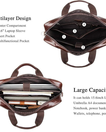 Augus Leather Laptop Briefcase for Men,Waterproof Travel Messenger Duffle Bags 15.6 Inch Laptop Bag