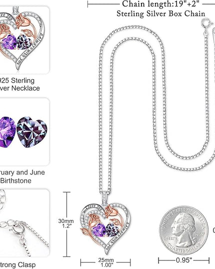 Iefil Christmas Gifts for Women Wife - 925 Sterling Silver Rose Heart Birthstone Necklace Birthday Anniversary Jewelry Gifts for Her Wife Mom Daughter