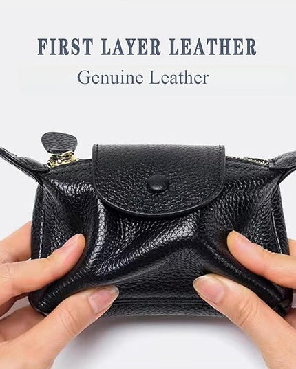 Plinvo Vintage Genuine Leather Coin Purse Keychain for Women Mini Zip Wallet Change Pouch Black (Gray)