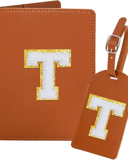 ULICO Initial Passport Cover and Luggage Tag Set,PU Leather Letter Passport Case Holder Travel Suitcase Tag, Personalized Travel Luggage Accessories Gifts for Women Kids Teenage Brown T
