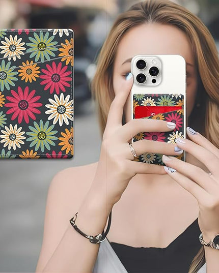 Phone Card Holder, Dual Pocket Leather Wallet Adhesive Stick On, Cute Credit Card Holder for Smartphones Case Compatible with Most Phone（Red flowers）
