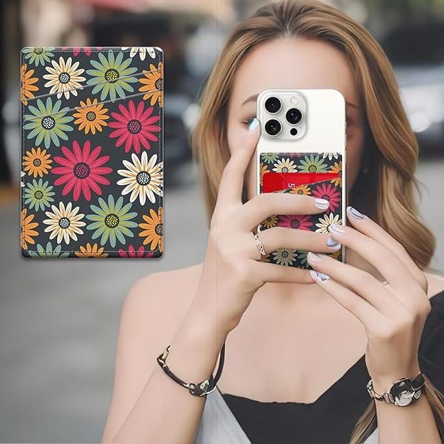 Phone Card Holder, Dual Pocket Leather Wallet Adhesive Stick On, Cute Credit Card Holder for Smartphones Case Compatible with Most Phone（Red flowers）