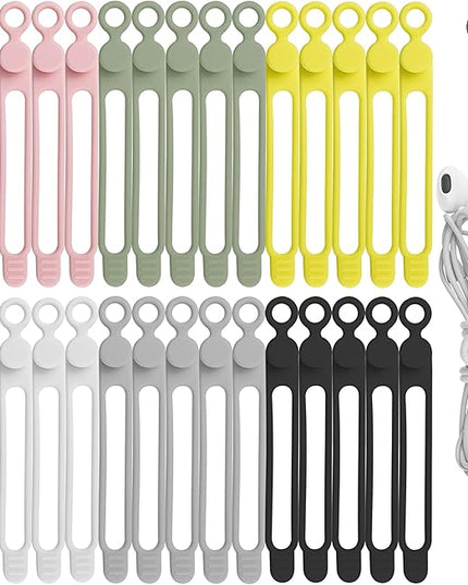 30Pcs Nearockle Silicone Cable Ties for Bundling Earphone, Phone Charger, Computer Cords, Reusable Cord Organizer Cable Management in Home,Office,Kitchen,School (6 Colors)