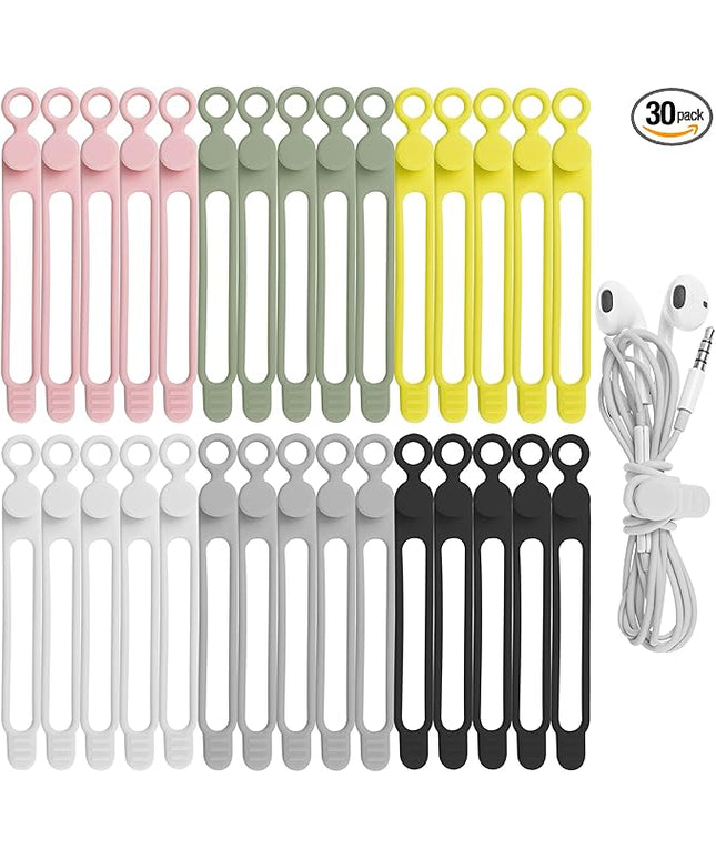 30Pcs Nearockle Silicone Cable Ties for Bundling Earphone, Phone Charger, Computer Cords, Reusable Cord Organizer Cable Management in Home,Office,Kitchen,School (6 Colors)