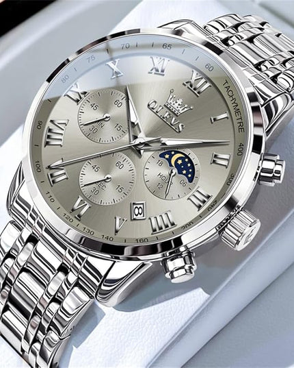 OLEVS Mens Watch Luxury Big Face Stainless Steel Analog Quartz Multifunctional Waterproof Luminous Date Two Tone Fashion Dress Wrist Watches for Man