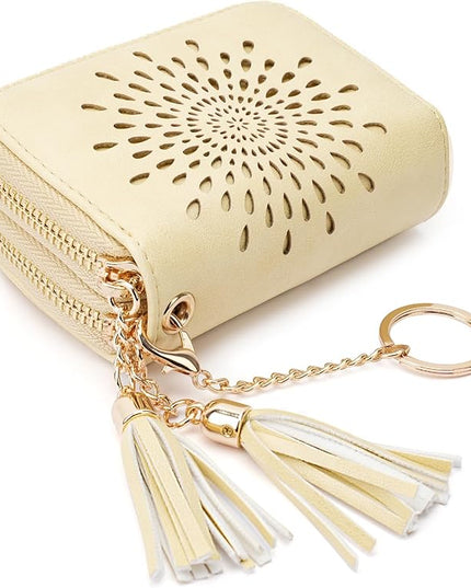 APHISON RFID Credit Card Holder Zipper Card Case Keychain Small Wallet for Women Double-Zip LIGHT-YELLOW