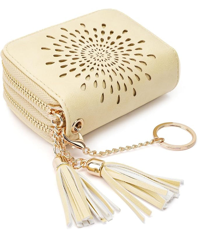 APHISON RFID Credit Card Holder Zipper Card Case Keychain Small Wallet for Women Double-Zip LIGHT-YELLOW