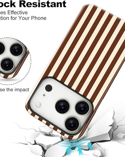 Magnetic for iPhone 17 Pro Max Case Cute Stripes Phone Case, Shockproof Slim TPU and Hard PC Protective Phone Cover Compatible with MagSafe Designed for Women Girls, Brown