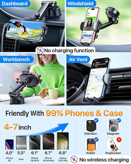 HTU [True Military-Grade] 2025 Upgraded Car Phone Holder 【Safety Certs & No Smell】 Cell Phone Holder for Car Mount for Dashboard Windshield Air Vent Long Arm Thick Case,Purple