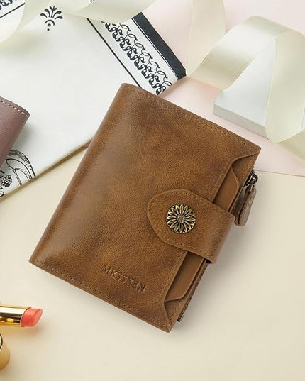 MKSSKEN Wallet Women,Rfid Blocking Leather Womens Wallet,Bifold Compact Carteras Para Mujer Card Holder with Removable ID Window(Apricotcoffee)