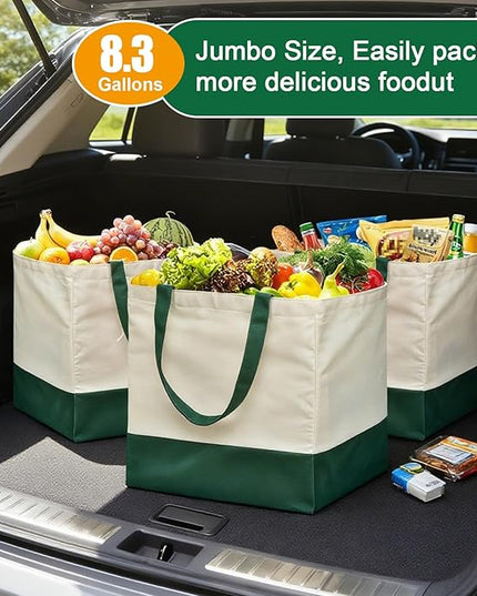 3 Pcs Reusable Grocery Bags - Heavy Duty Canvas Bag, 8.3 gal Foldable Large Canvas Tote Bag with Handles, Holds 60 lbs Tote Shopping Bags,100% Cotton（Retro Green）