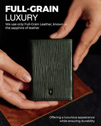 Jenoss Smart Wallet For Men: Full Grain Leather, Handcrafted, Slide Metal Pop Up Case, Slim RFID Blocking Credit Card Holder, Minimalist, Compact - 9-12 Card Organizers | ID | Money Clip (EPI Green)