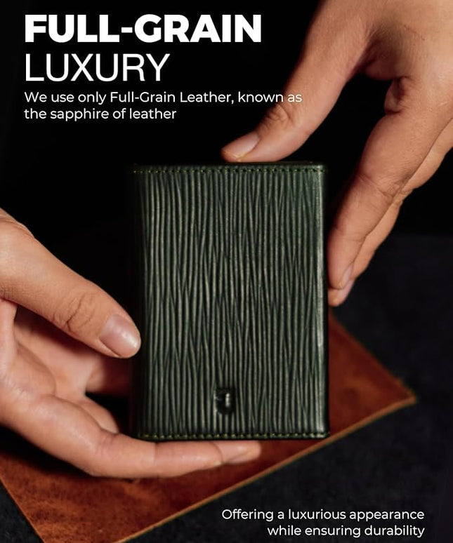 Jenoss Smart Wallet For Men: Full Grain Leather, Handcrafted, Slide Metal Pop Up Case, Slim RFID Blocking Credit Card Holder, Minimalist, Compact - 9-12 Card Organizers | ID | Money Clip (EPI Green)