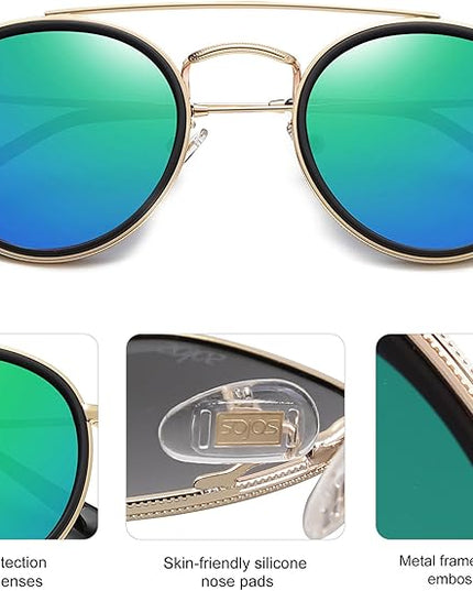 SOJOS Retro Vintage Round Polarized Sunglasses for Women Men Small Double Bridge Circle Sunnies SJ1104