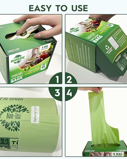 2.6-3 Gallon Compostable Trash Bags with Handles 80 Count 0.67 Mil 11.36 L Small Kitchen Wet Food Scrap Waste Compost Bag for Countertop Bin ASTM D6400 US BPI and OK Compost Home Certified