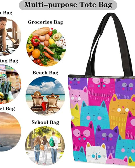 Pardick Cute Cats Colorful Seamless Canvas Tote Bag, Eco Friendly Reusable Grocery Shopping Bags Beach Bag Book Tote Handbags Washable Shoulder Bag With Zipper Inner Pocket for Women Girls