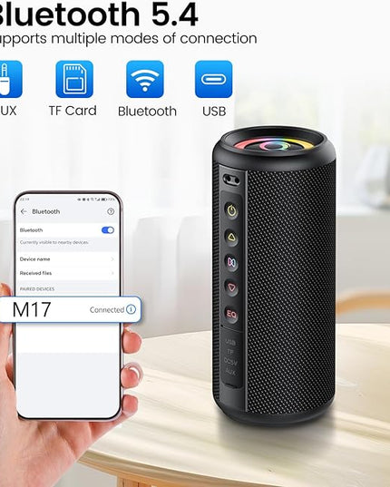 Portable Bluetooth Speaker, 2026 Bluetooth 5.4 Wireless Speaker with 20W HD Loud Stereo Sound, 20H Playtime, LED Lights, IP7, TWS Pairing, Built-in Mic, for Outdoor, Home, Beach, Party, Gift