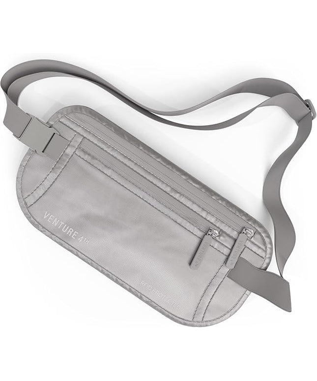 VENTURE 4TH Money Belt for Travel – Hidden Under-Clothes RFID Blocking Passport Holder & Slim Travel Wallet Pouch for Men & Women to Protect Cash, Cards & Documents (Sleek Silver)