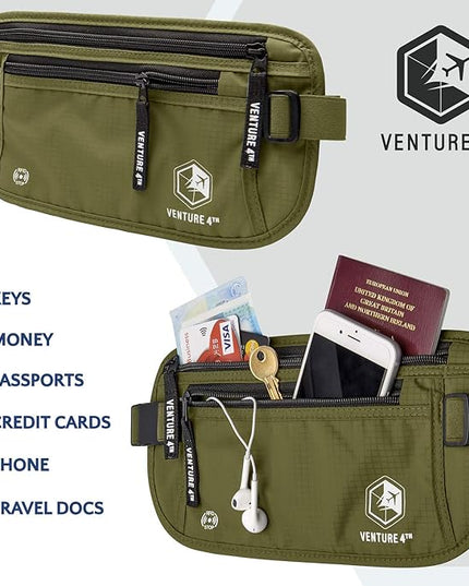 VENTURE 4TH Money Belt for Travel – Hidden Under-Clothes RFID Blocking Passport Holder & Slim Travel Wallet Pouch for Men & Women to Protect Cash, Cards & Documents (Green)